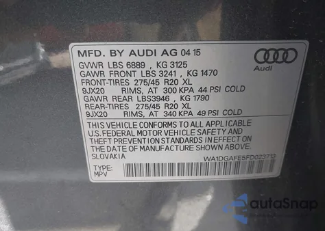 2015 Audi Q7 3.0T S Line Prestige from USA, damaged, VIN WA1DGAFE5FD023713